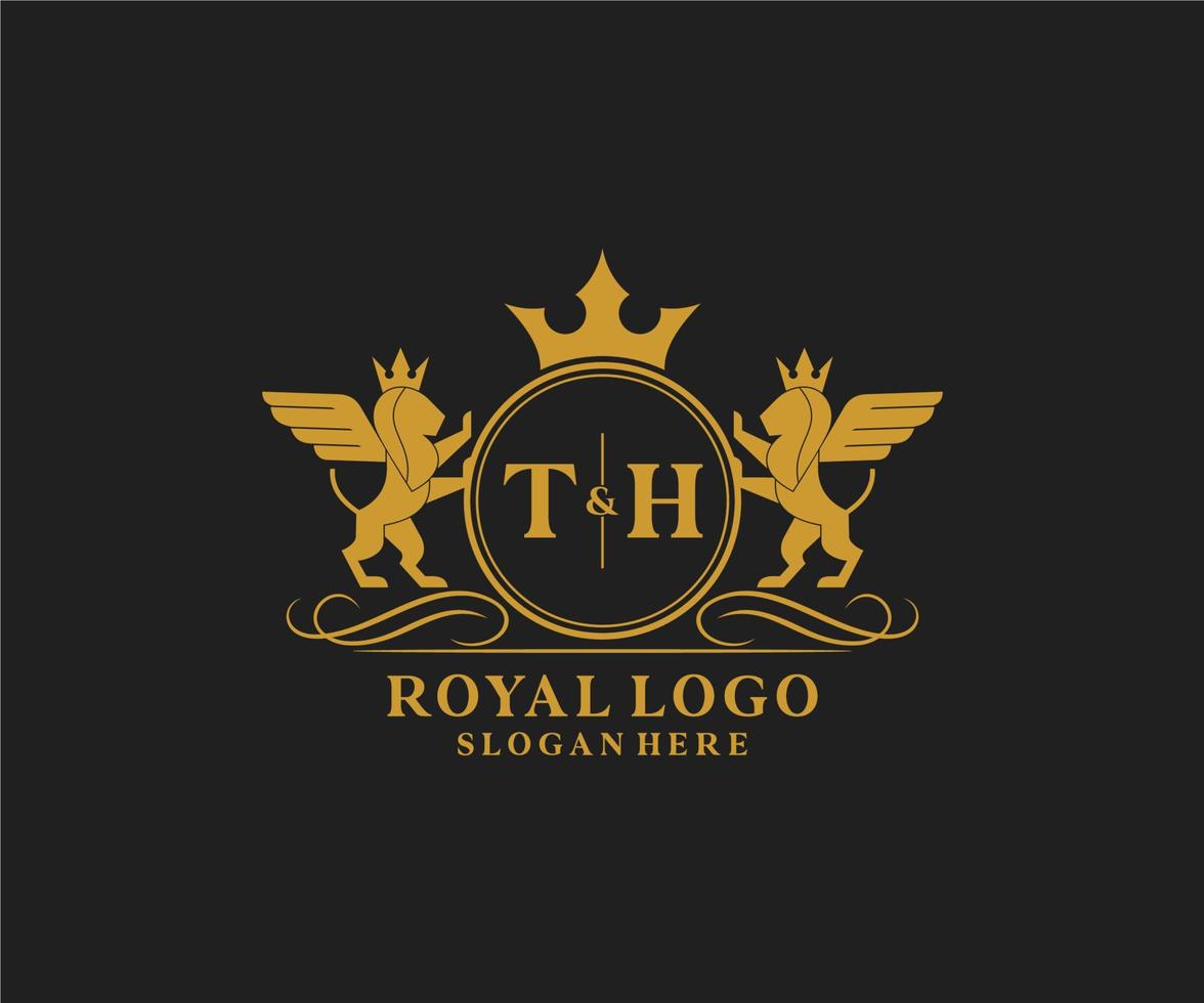 initiale e lettre Lion Royal luxe héraldique, crête logo modèle dans vecteur art pour restaurant, royalties, boutique, café, hôtel, héraldique, bijoux, mode et autre vecteur illustration.