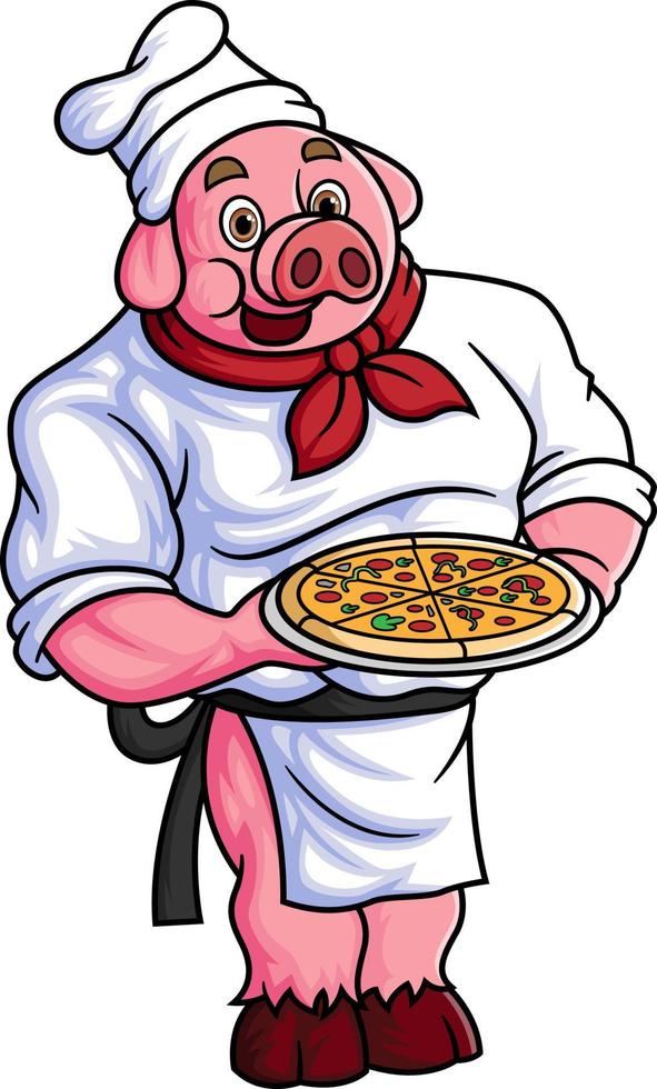 une joufflu dessin animé porc travail comme une professionnel chef, porter une grand Pizza sur une assiette vecteur