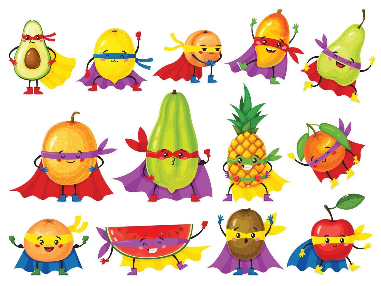 marrant fruit héros personnages. Frais orange, pomme, avocat, citron avec mignonne visages dans masques. dessin animé des fruits dans super-héros tenues vecteur ensemble