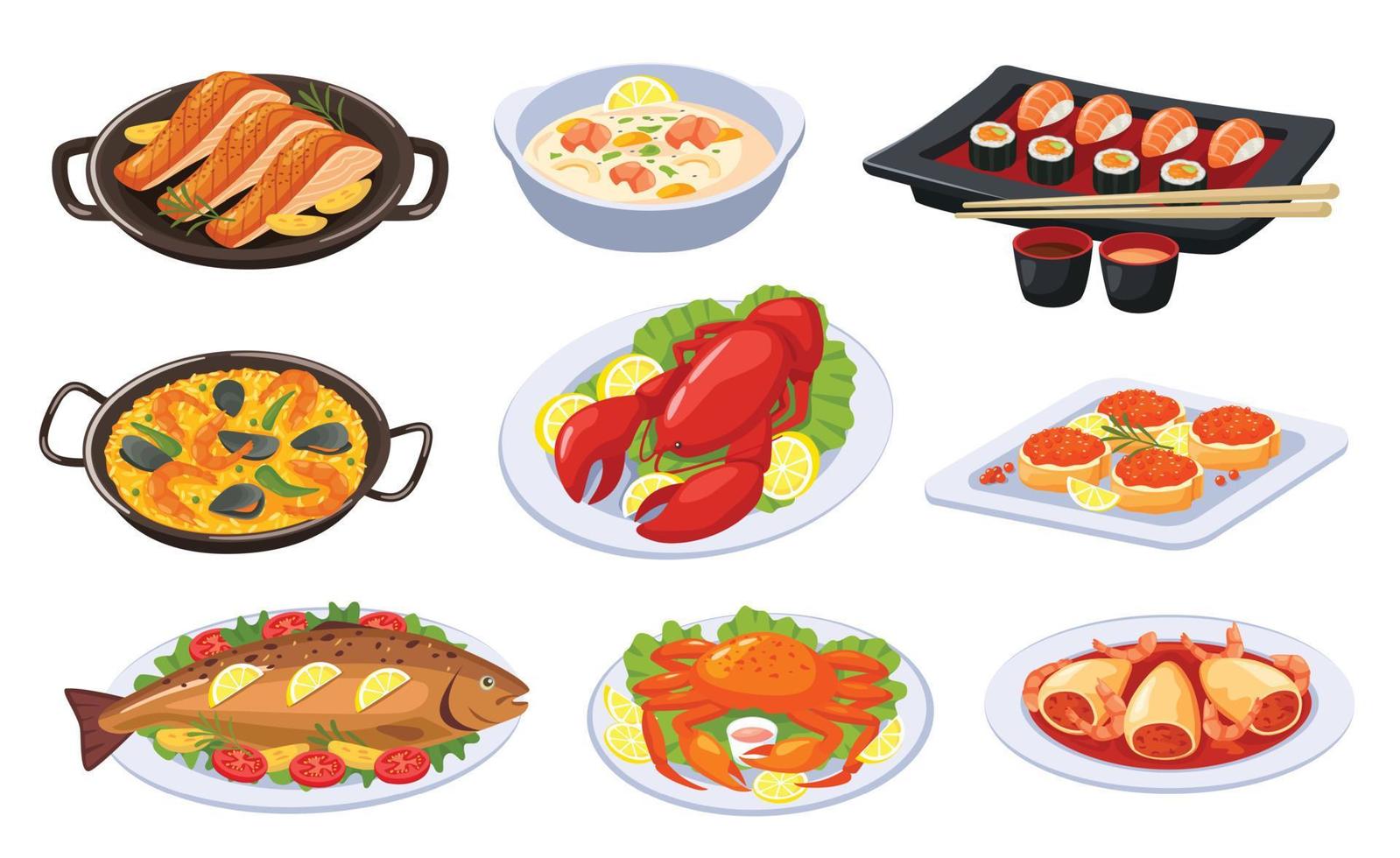 dessin animé Fruit de mer plats, asiatique nourriture et cuisine. Sushi, homard, saumon, crevette soupe, cuit poisson. délicieux de fête Fruit de mer plat vecteur ensemble