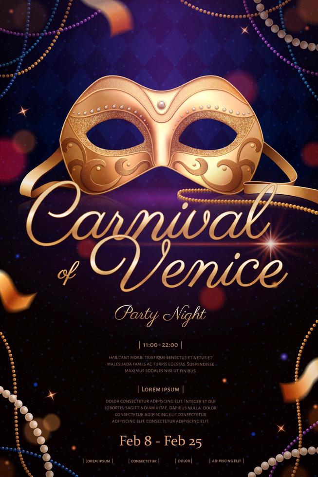 exquis Venise carnaval affiche avec or masque et perles dans 3d illustration vecteur
