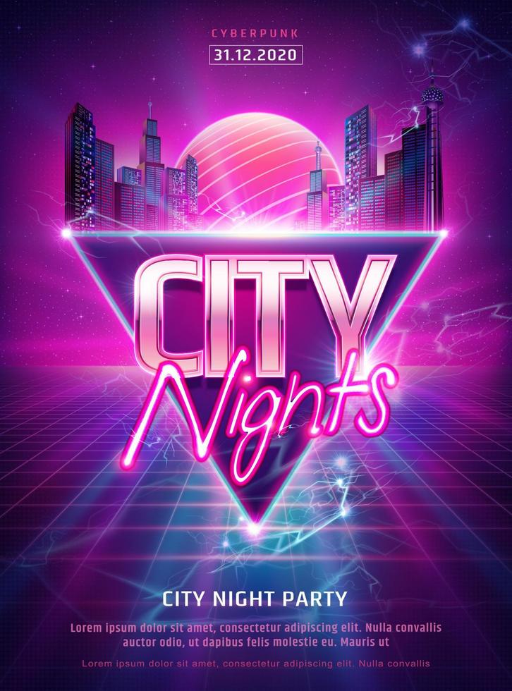 fantaisie nuit fête affiche dans cyberpunk style avec grattes ciels sur abstrait Triangle Contexte vecteur