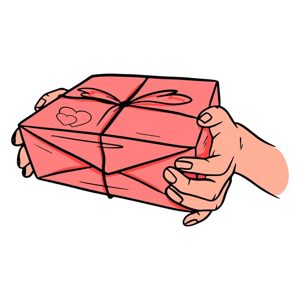 cadeau en main. un cadeau dans un emballage festif. style de bande dessinée. vecteur