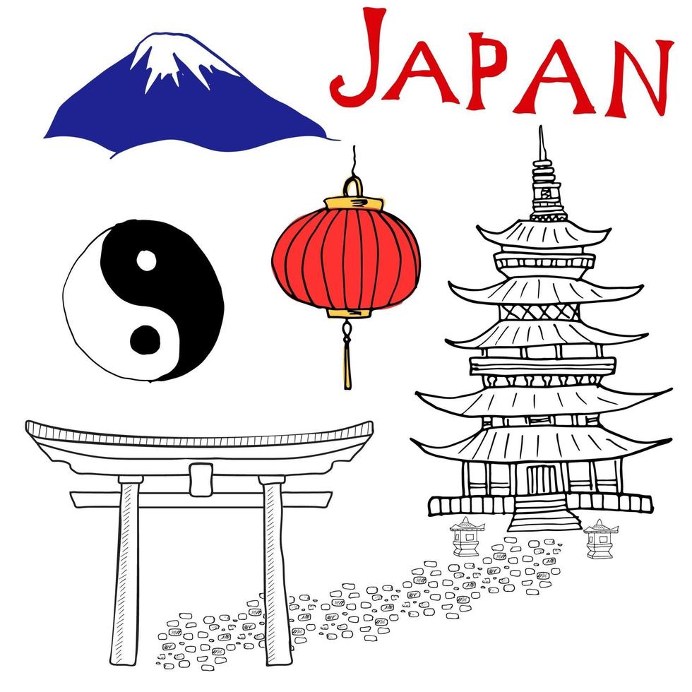 japon doodles éléments. ensemble dessiné à la main avec la montagne fujiyama, la porte shinto, la lanterne japonaise et la pagode, le symbole du yin et du yang. dessin collection de griffonnage, isolée sur blanc. vecteur