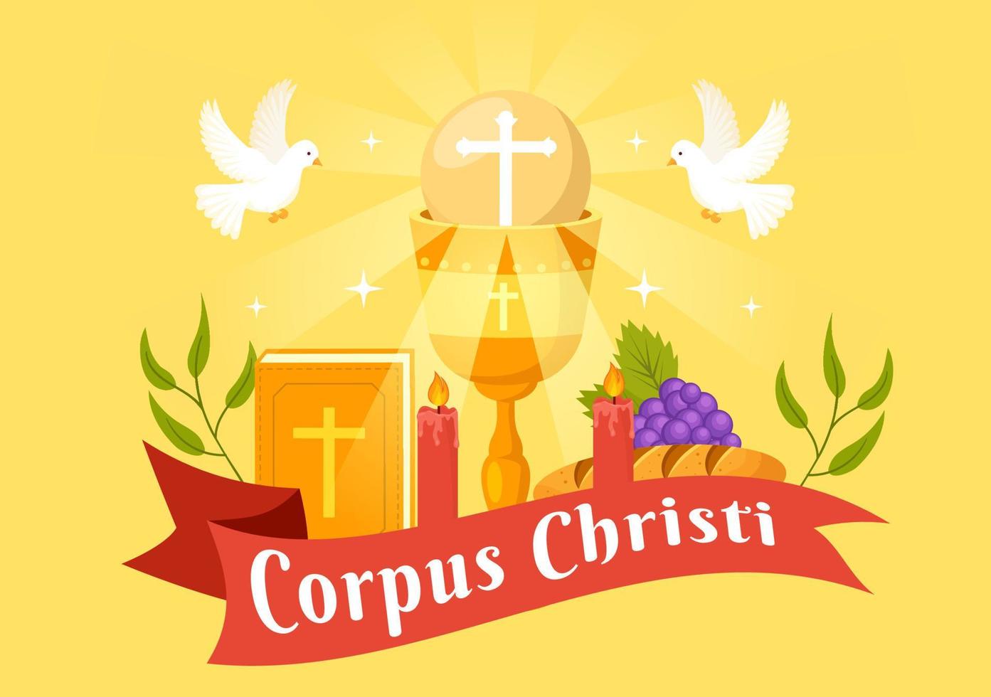 corpus christi catholique religieux vacances vecteur illustration avec le banquet jour, croix, pain et les raisins dans plat dessin animé main tiré affiche modèles