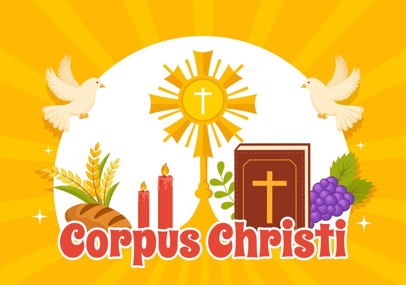 corpus christi catholique religieux vacances vecteur illustration avec le banquet jour, croix, pain et les raisins dans plat dessin animé main tiré affiche modèles