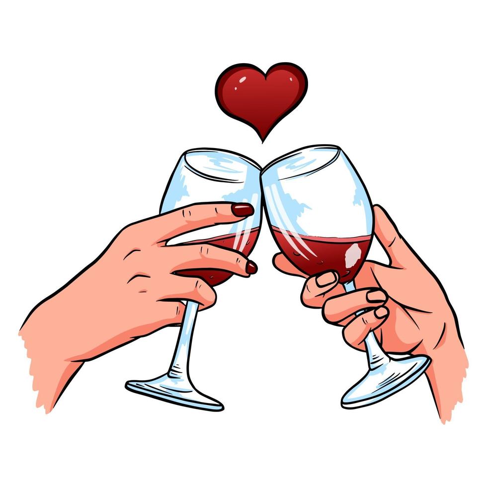 mains d'amoureux avec des verres de vin. carte de la Saint-Valentin. vecteur