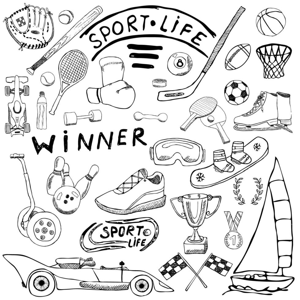 esquisse de la vie sportive des éléments de griffonnages. ensemble dessiné à la main avec batte de baseball, gant, bowling, articles de tennis de hockey, voiture de course, médaille de coupe, boxe, sports d'hiver. collection de dessins, isolée sur fond blanc vecteur