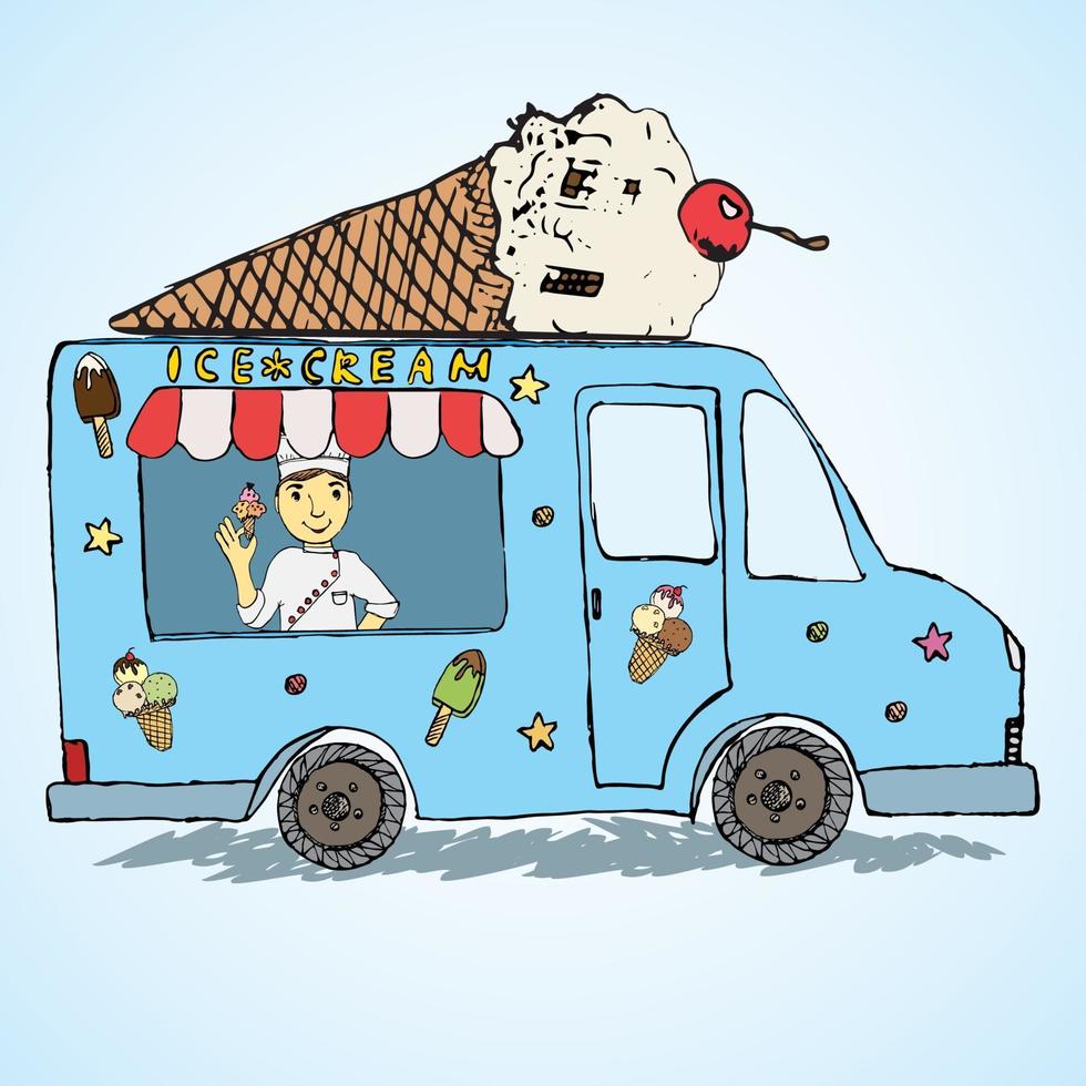 Croquis dessiné à la main camion de crème glacée, couleur déposée et ludique avec le vendeur yang man et cornet de crème glacée vecteur
