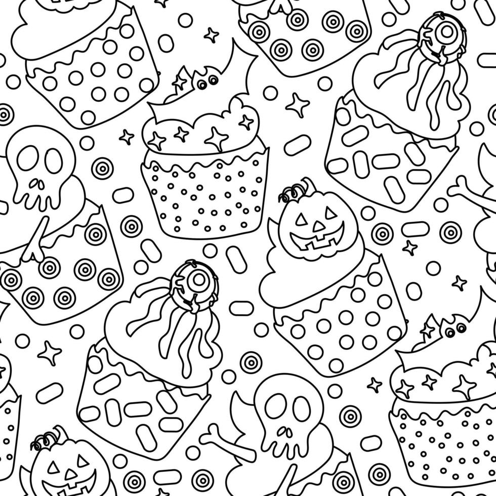 modèle de linéaire petits gâteaux pour Halloween. des pâtisseries dans le forme de muffins avec un œil, citrouille, chauve souris, modèle, décor. dessin animé vecteur. emballage papier pour Halloween, couverture, modèle, tissu. blanc vecteur