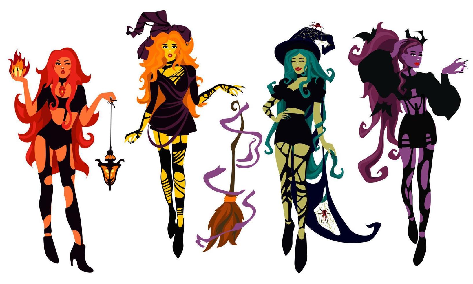 une ensemble de magnifique Jeune sorcières, coloré sorcières. vert, jaune, violet et rouge sorcière. Halloween costume concept. moderne vecteur illustration, dessiné à la main. modèles de affiches autocollants pour le vacances