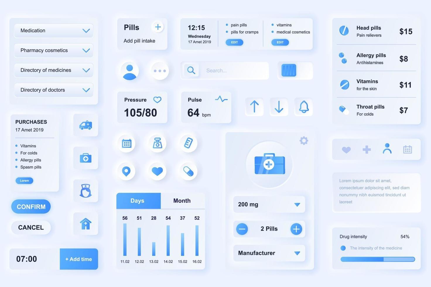 éléments d'interface utilisateur pour le modèle d'éléments d'interface utilisateur de conception neumorphique d'application mobile médicale vecteur