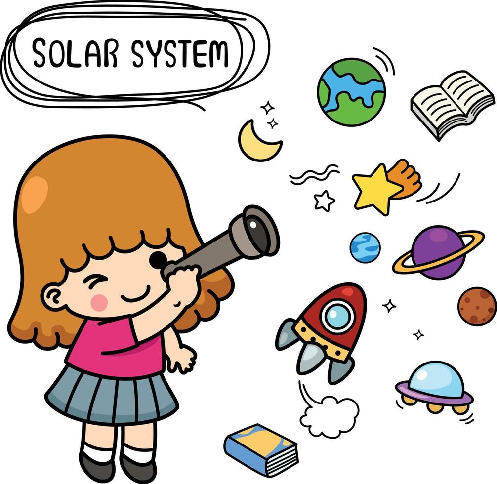 illustration isolé ensemble dessin animé enfant fille éducation solaire système vecteur