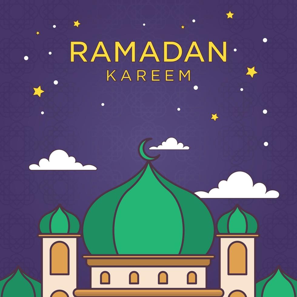 Ornement de ramadan kareem de dessin animé monoline avec illustration vectorielle de couleur vive. mosquée et mois dessiné ligne simple. fond eid mubarak vecteur
