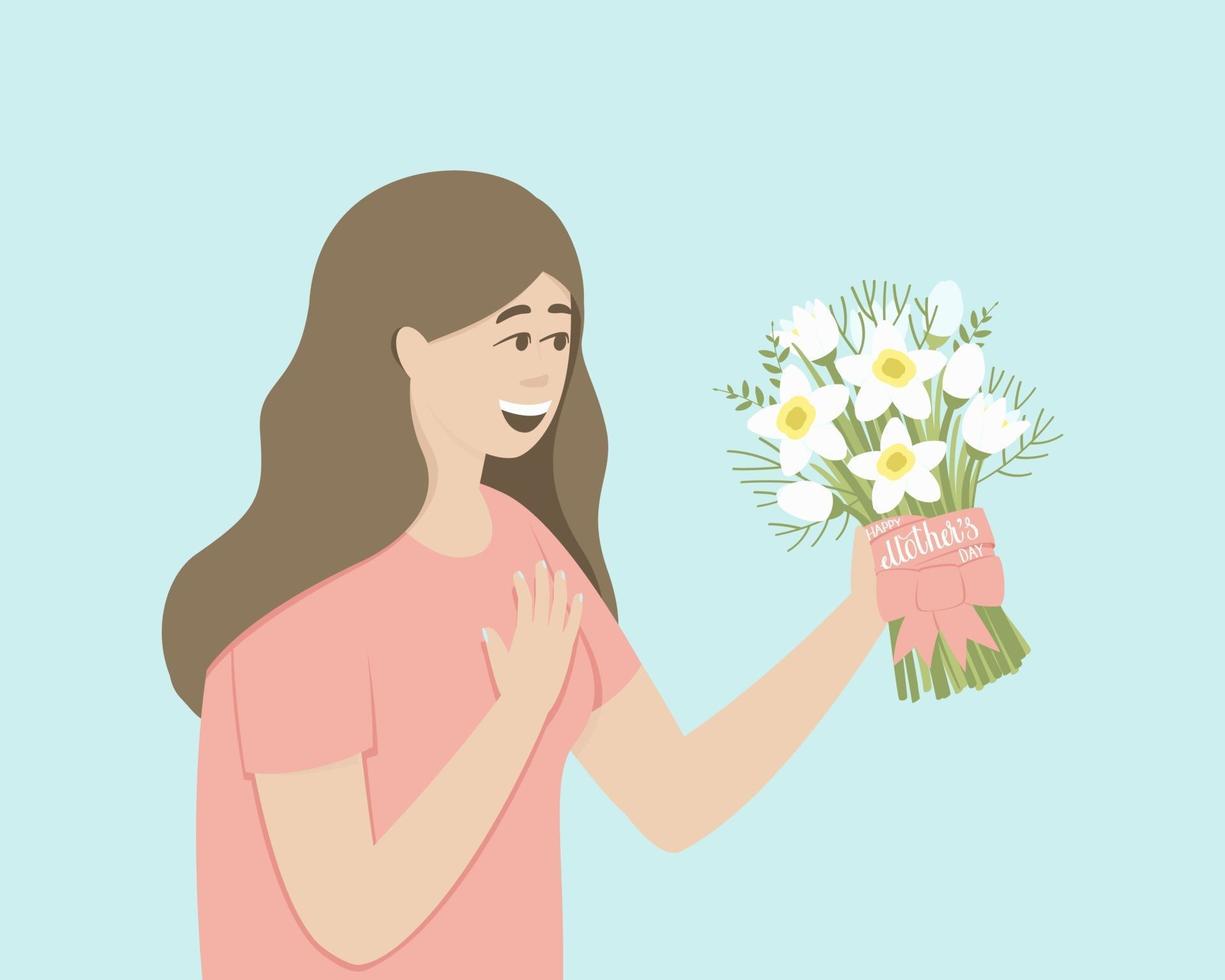 la femme a reçu un bouquet de jonquilles pour la fête des mères vecteur