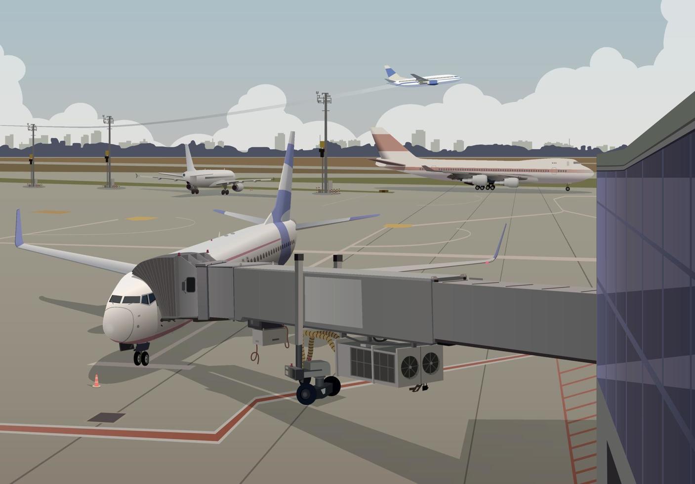 panorama de le aéroport, une télescopique échelle est attaché à le avion. vecteur. vecteur