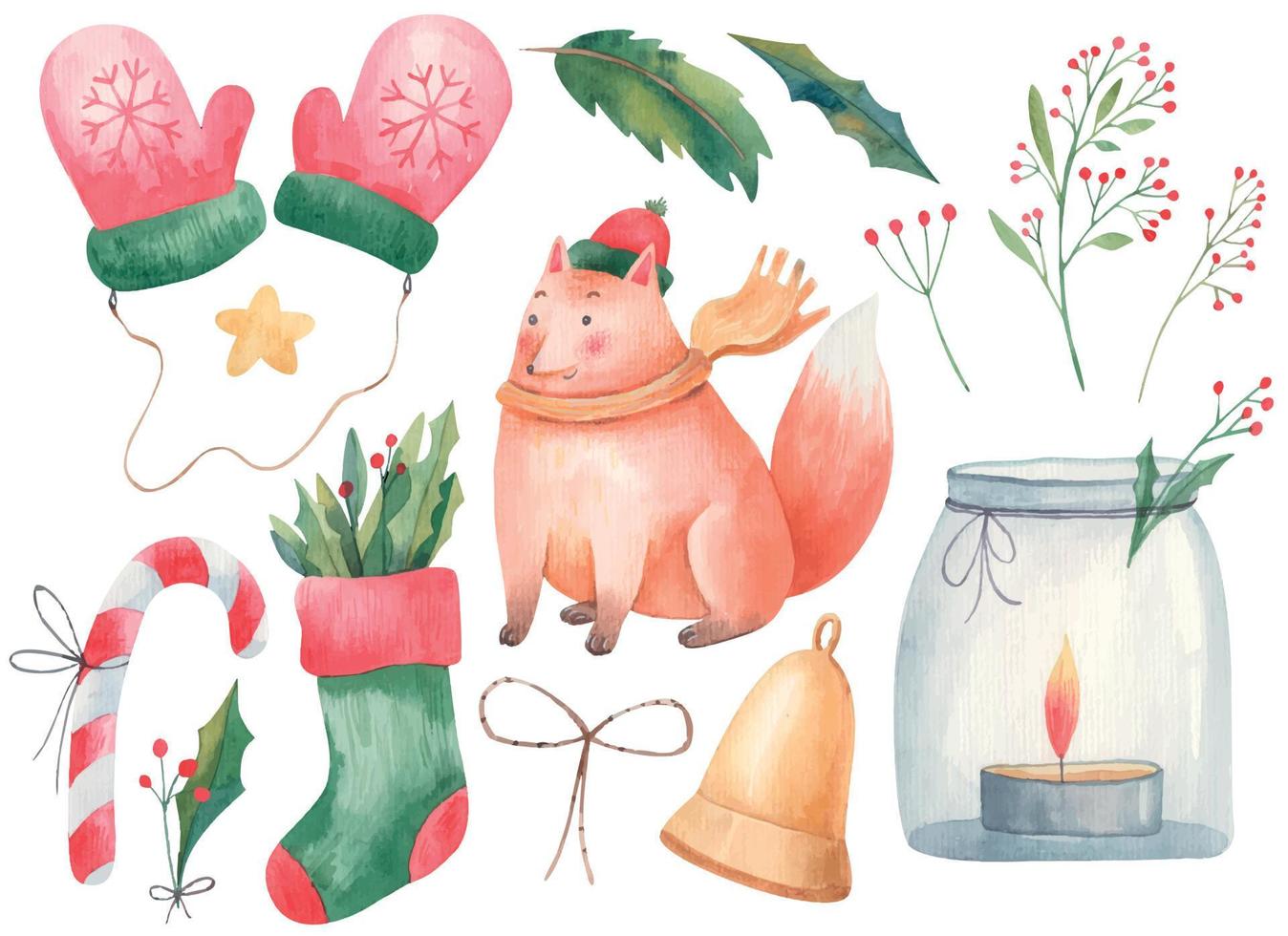 Noël ensemble enfants aquarelle illustration avec Renard, gants, Mitaines, Noël chaussette, sucette, bougie dans une pot, chandelier et brindilles.eps vecteur