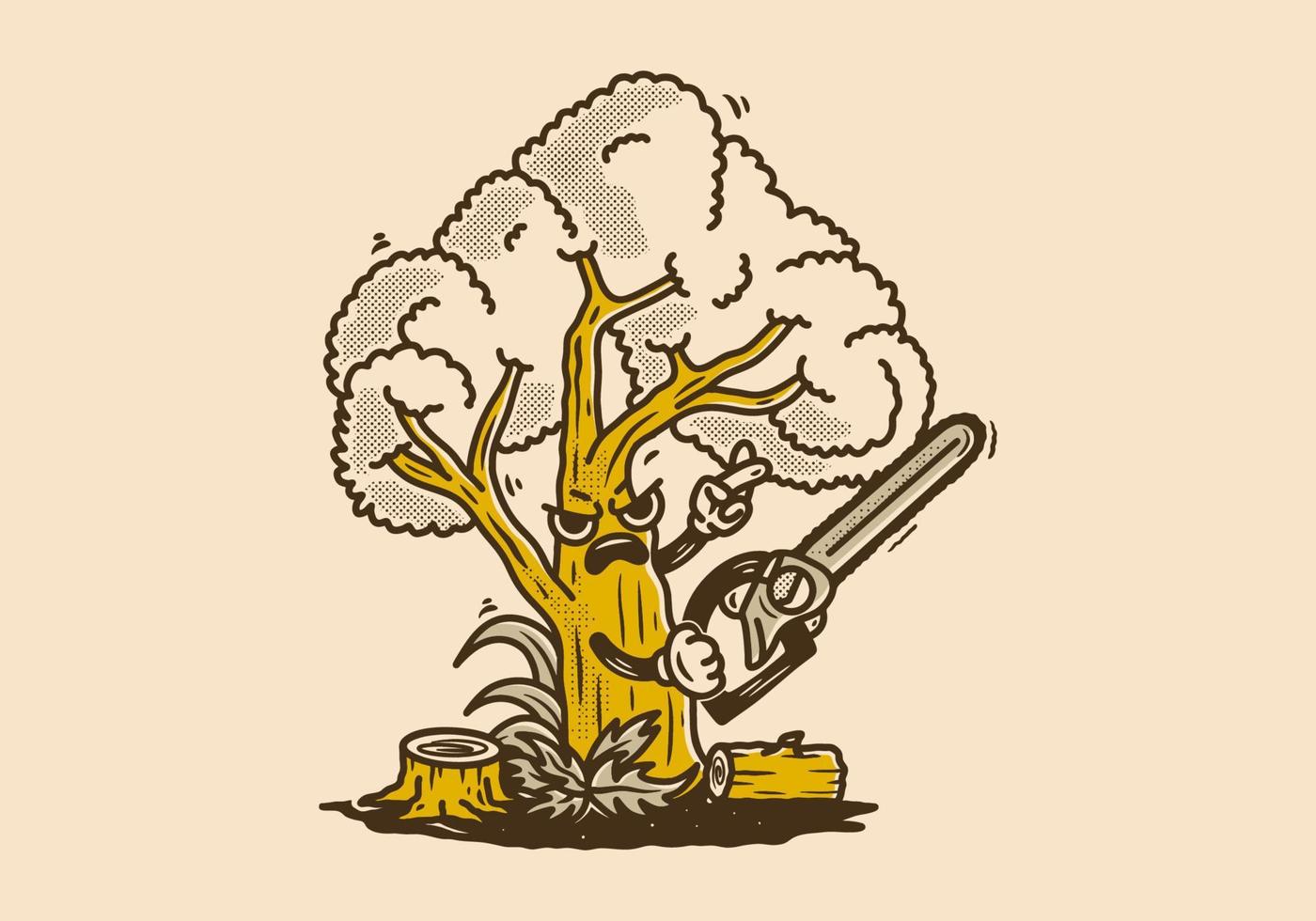 mascotte personnage conception de une gros arbre en portant tronçonneuse vecteur