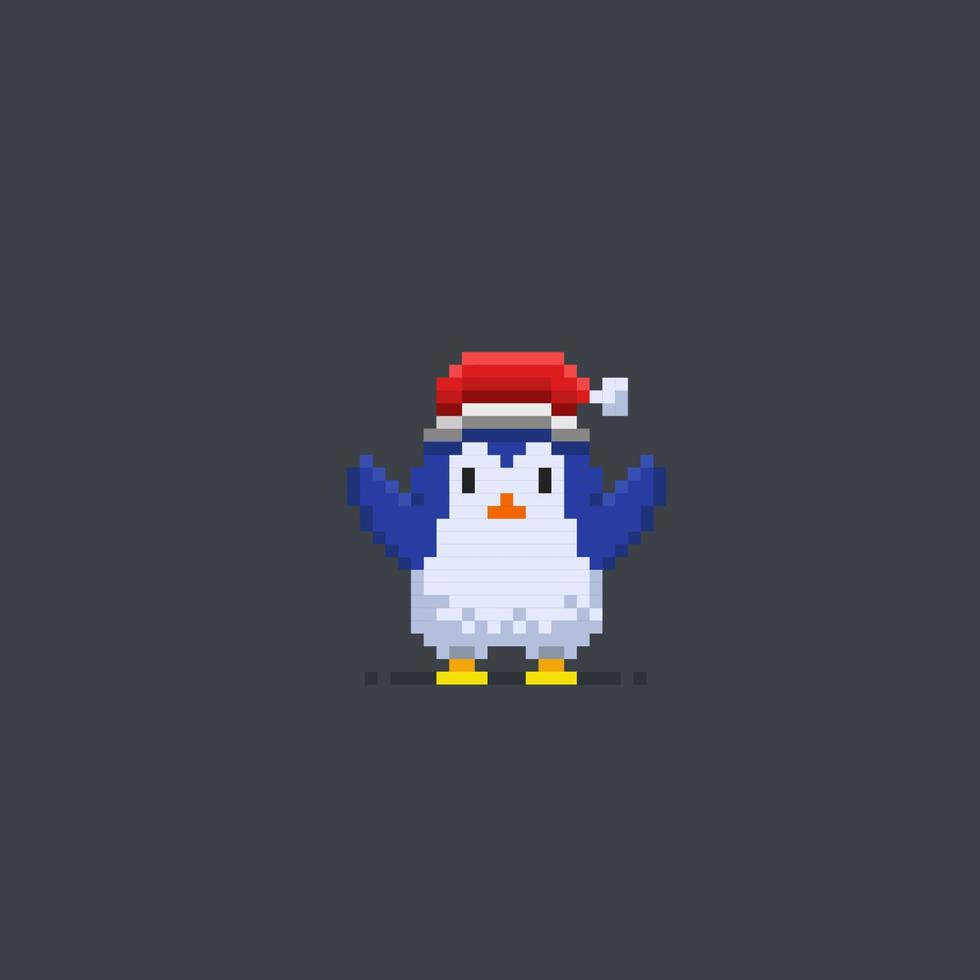 manchot portant Père Noël chapeau dans pixel art style vecteur