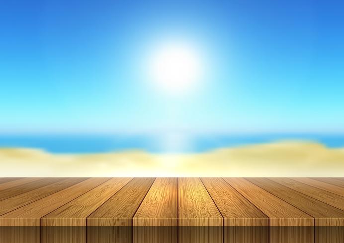 Table en bois donnant sur le paysage de plage défocalisé vecteur