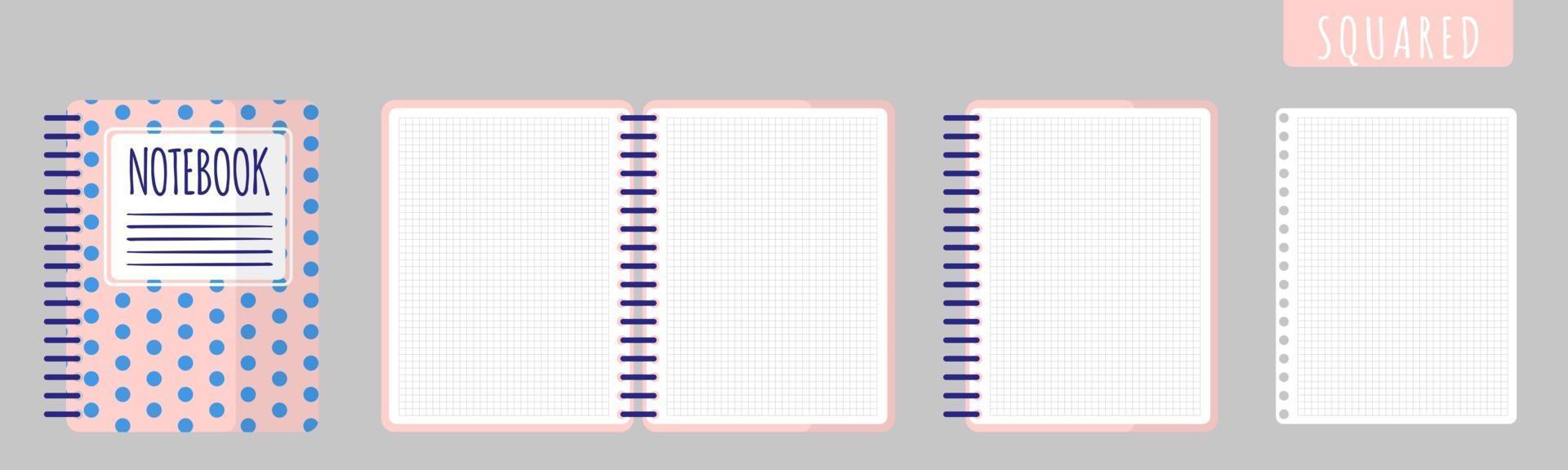 illustration de dessin animé de vecteur avec cahier carré, cahier ouvert et feuilles vierges sur fond blanc.