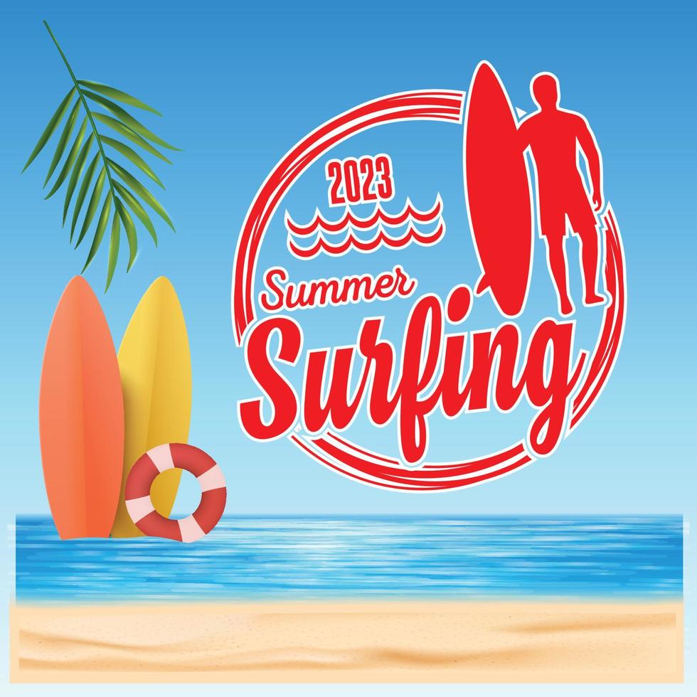 été surfant logo avec magnifique plage Contexte vecteur