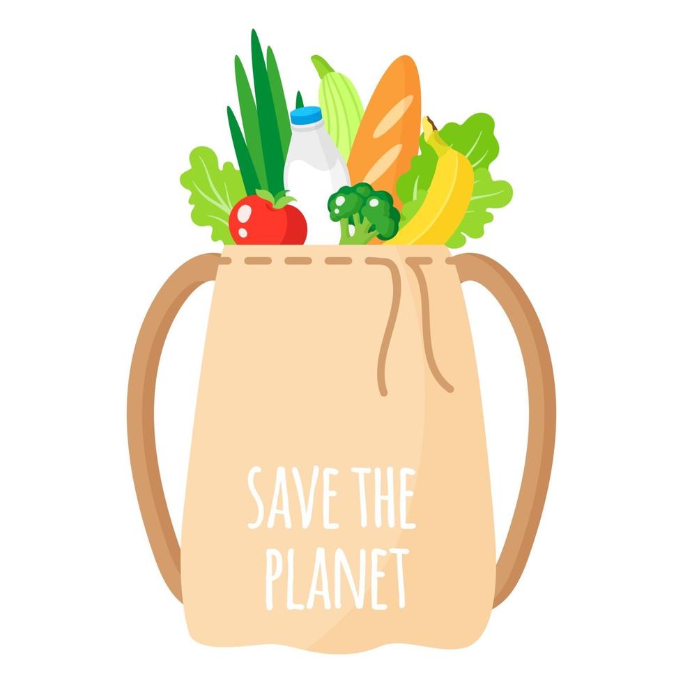 Illustration de dessin animé de vecteur de sac à dos d'épicerie écologique en tissu avec des aliments biologiques sains isolé sur fond blanc
