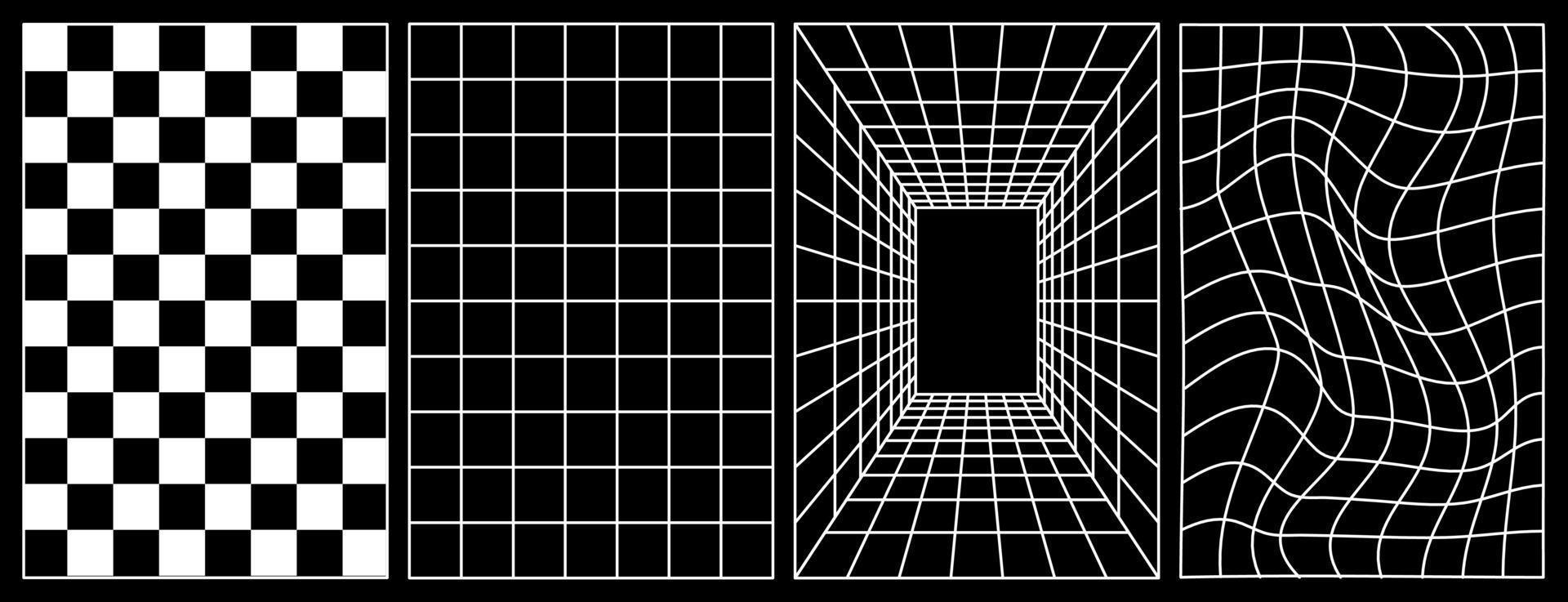 ensemble de déformé verticale la grille modèle et damier modèle. y2k retrowave formes, délirer, onde de vapeur. blanc branché formes. branché rétro années 1980, années 90, années 2000 style. imprimer, affiche, bannière. vecteur