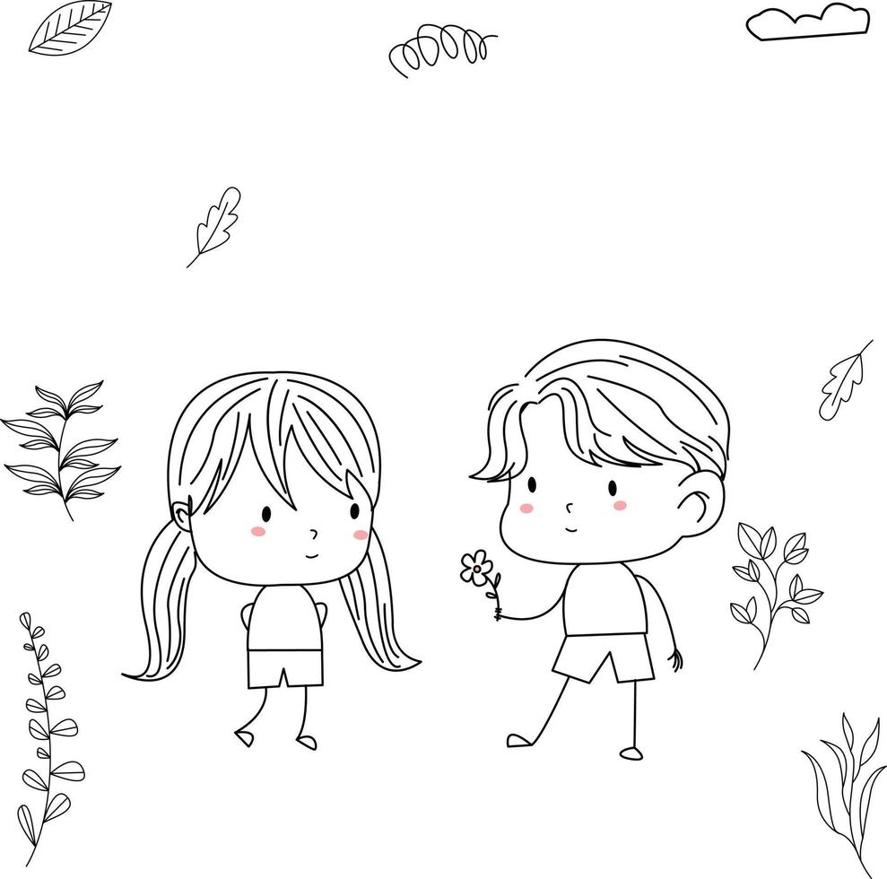 une Facile et mignonne illustration de une enfant dans ligne art style donnant fleurs à une fille vecteur