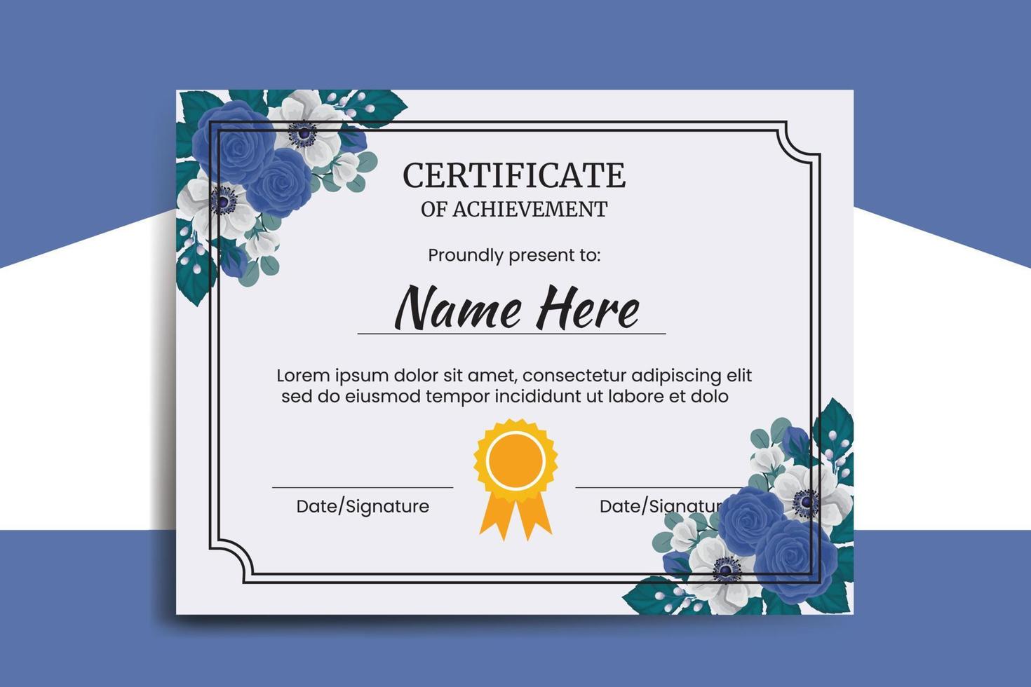 certificat modèle bleu Rose fleur aquarelle numérique main tiré vecteur