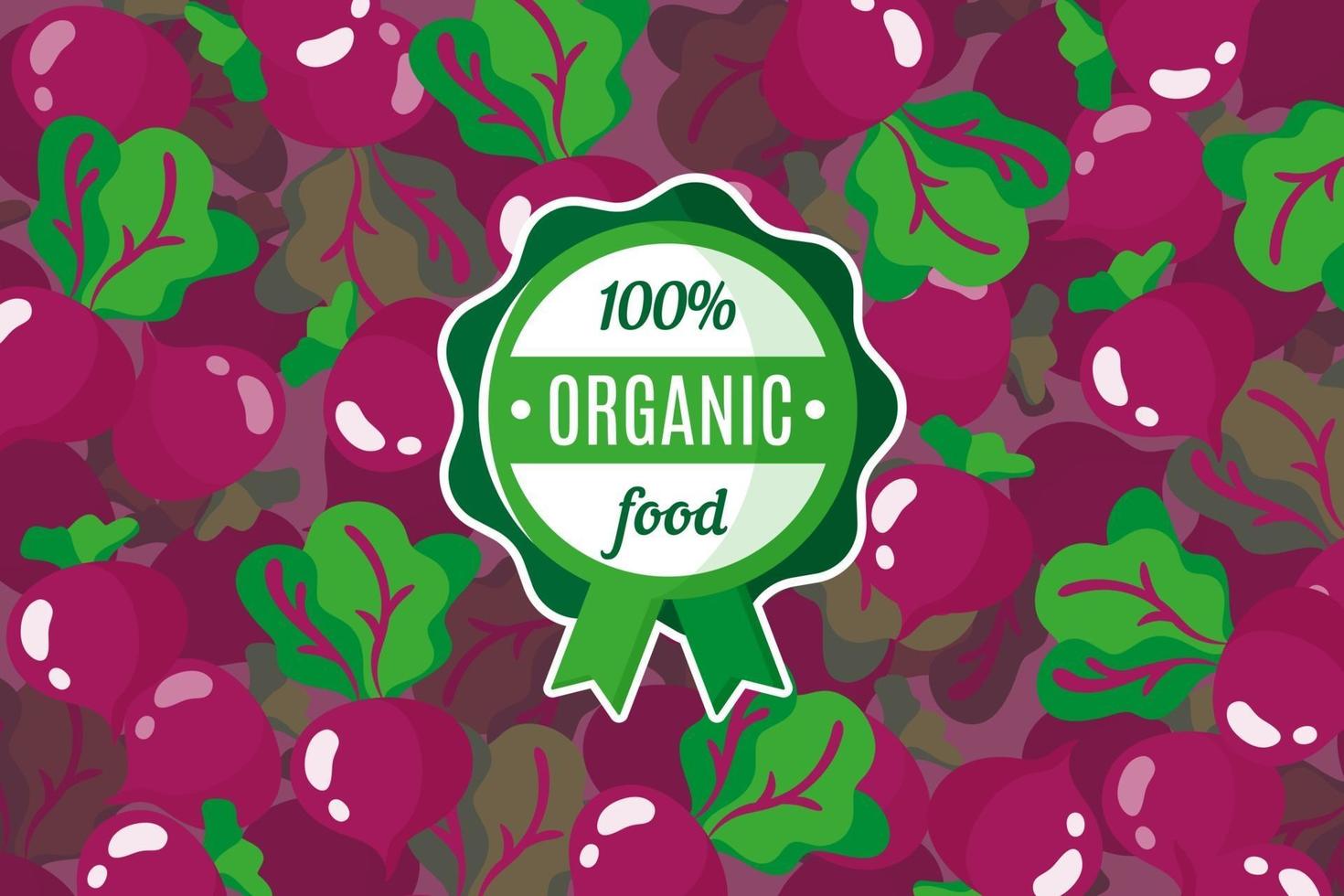 affiche de vecteur ou une bannière avec illustration de fond de betterave rouge et étiquette de nourriture biologique verte ronde