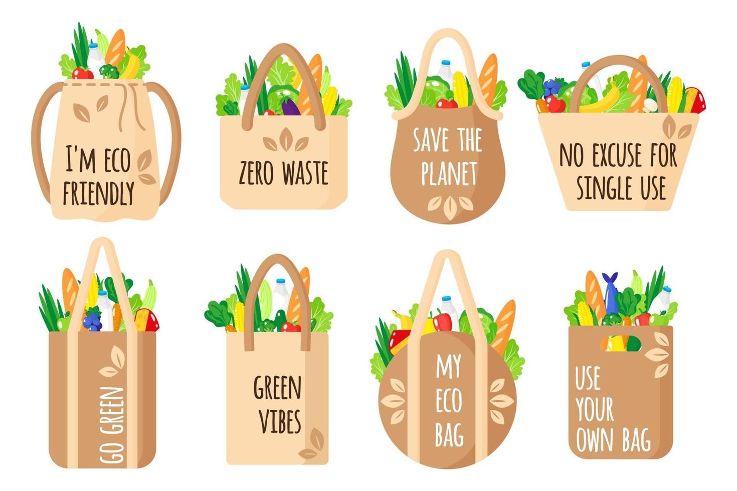 Ensemble de dessin animé de vecteur de sacs d'épicerie réutilisables en textile avec des citations écologiques avec des aliments sains isolés sur fond blanc
