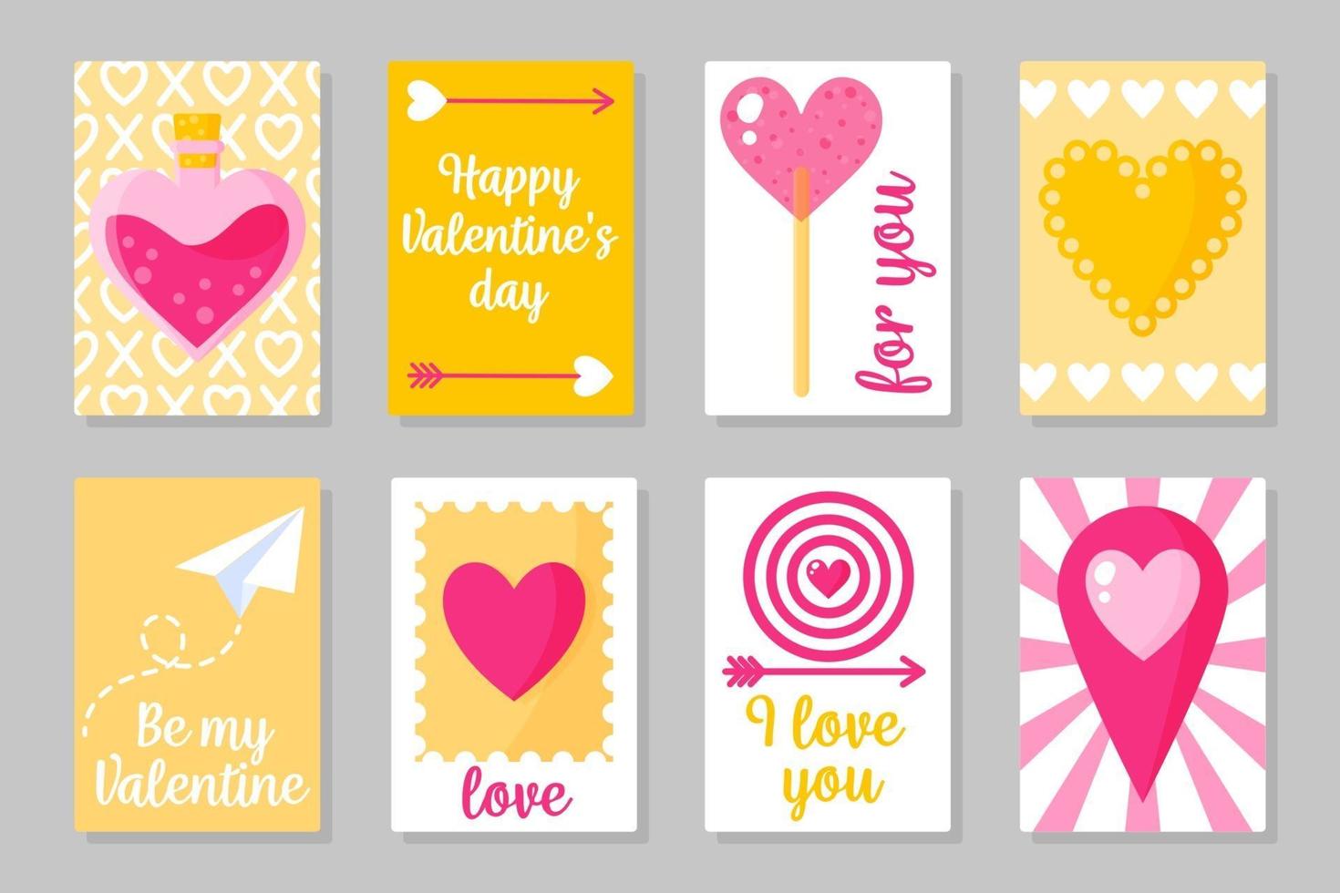 ensemble de cartes colorées roses, blanches et jaunes pour la Saint-Valentin ou le mariage. design plat isolé de vecteur