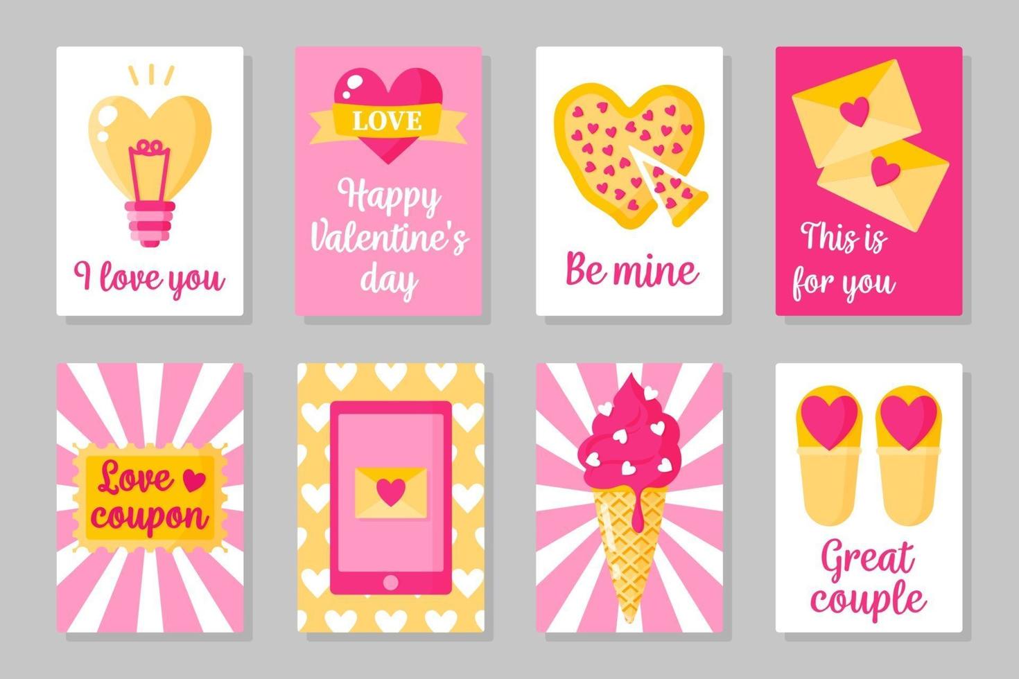 ensemble de cartes colorées roses, blanches et jaunes pour la Saint-Valentin ou le mariage. design plat isolé de vecteur