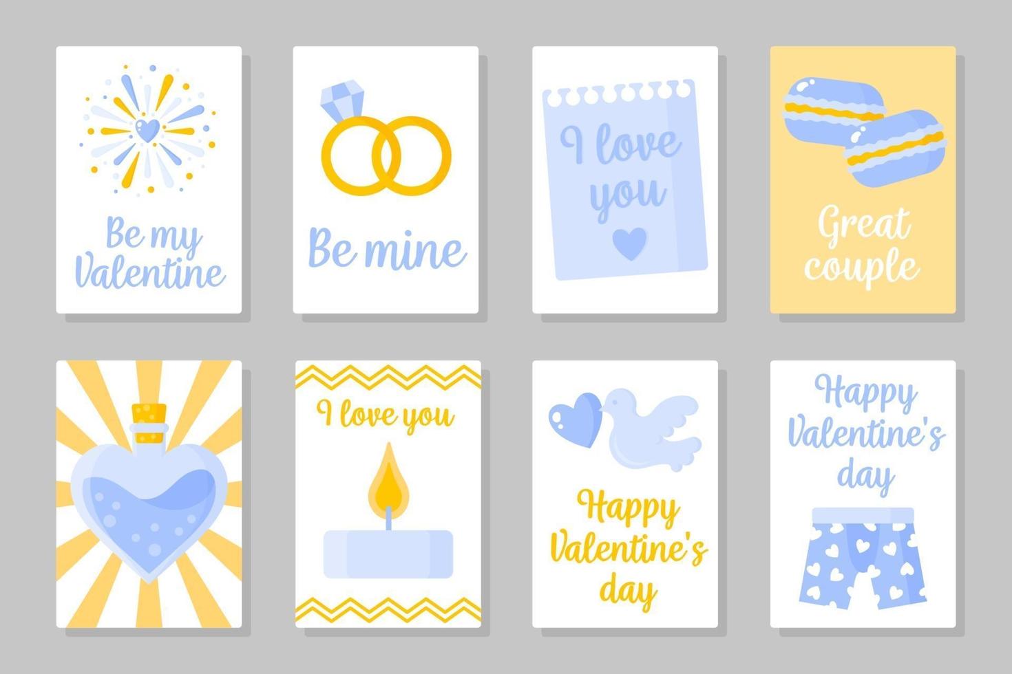 ensemble de cartes colorées jaunes et bleues pour la Saint-Valentin ou le mariage. design plat de vecteur isolé sur fond gris