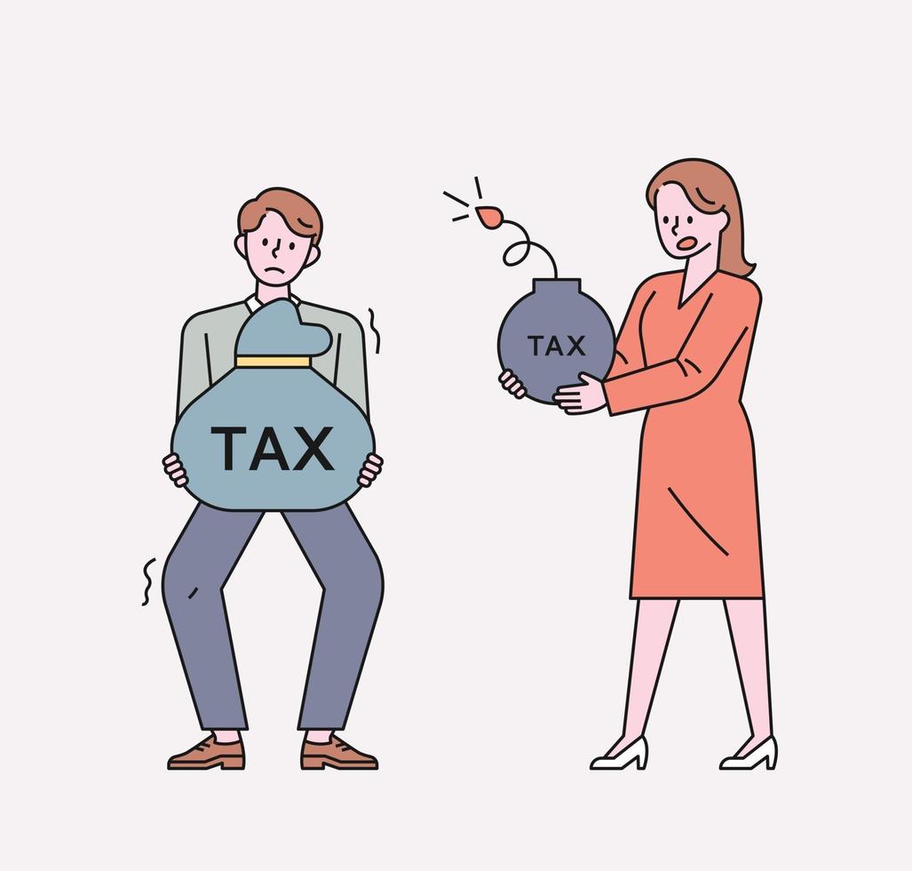 un homme tient un grand sac fiscal. une femme tient une bombe fiscale dans sa main. illustration vectorielle minimale de style design plat. vecteur