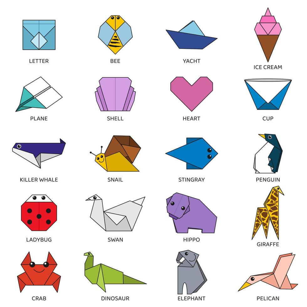 origami vecteur collection de différent coloré animaux, des oiseaux, insectes, objets. isolé objets sur blanc Contexte. Créatif symboles pour décoration, éducation Tâches, logo.