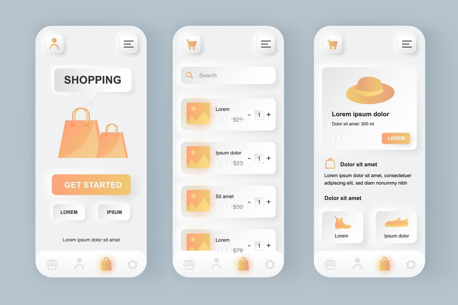 shopping en ligne kit de conception d'application mobile néomorphe unique vecteur