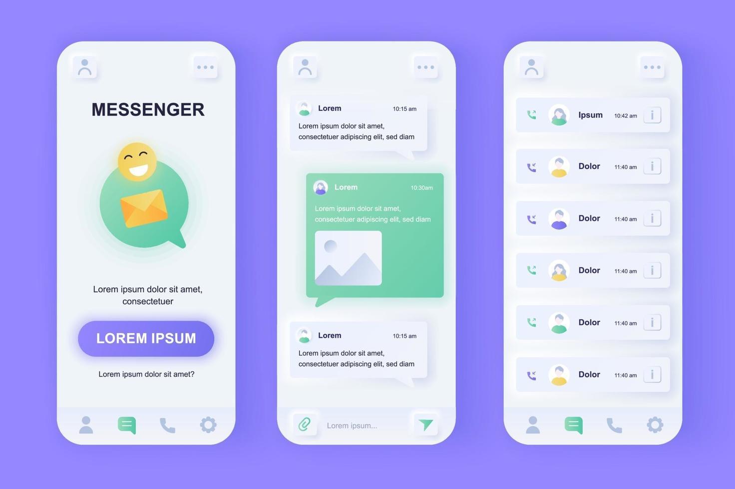 kit de conception d'application mobile néomorphique unique de messagerie en ligne vecteur