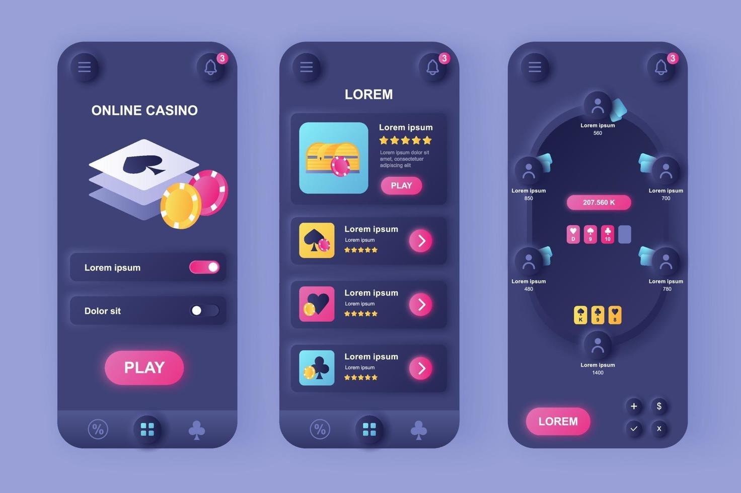 plate-forme de casino en ligne kit de conception d'application mobile néomorphique unique vecteur