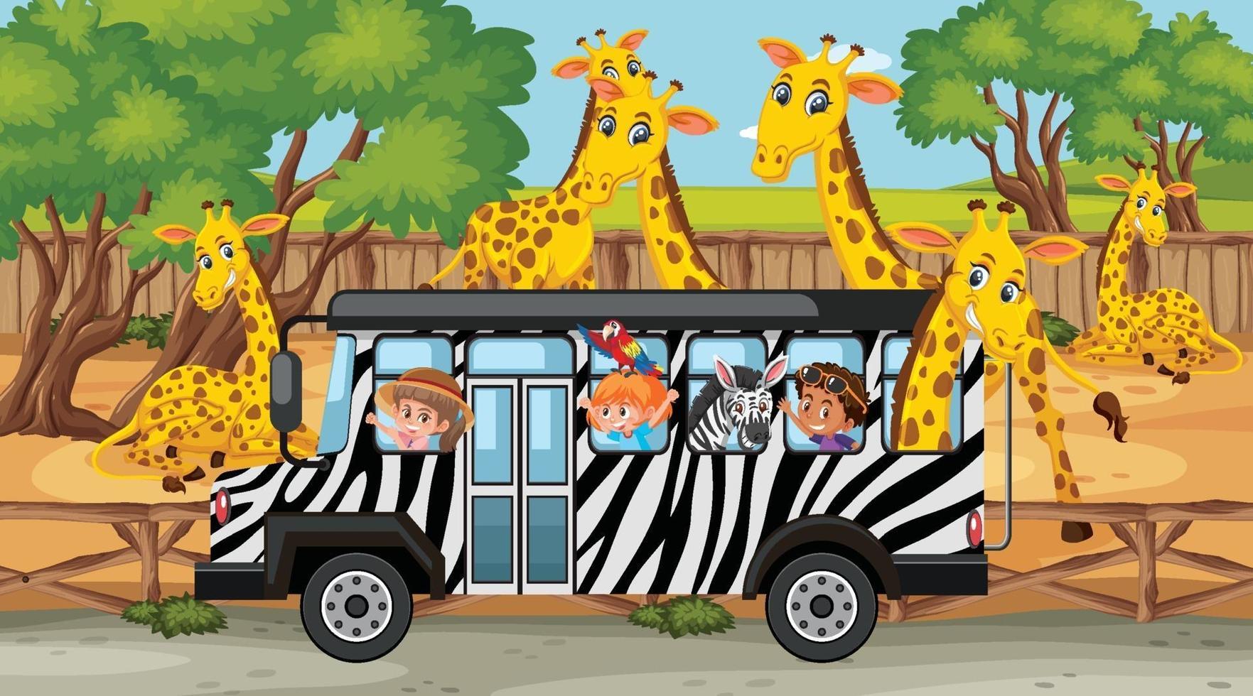 scène de safari avec de nombreuses girafes et enfants en bus touristique vecteur