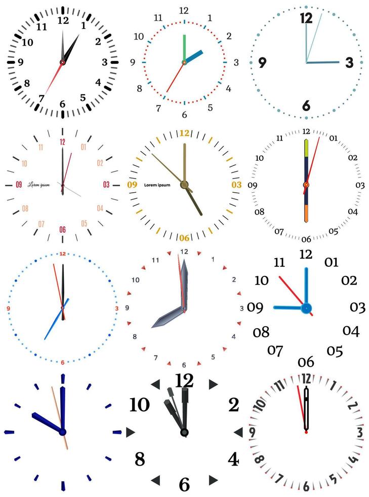 une ensemble de différent mécanique horloges avec un image de chaque de le Douze heures. l'horloge visage sur blanc Contexte. vecteur