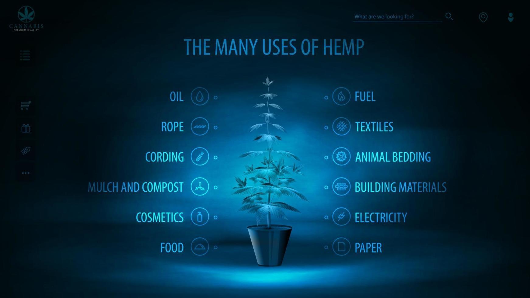 nombreuses utilisations du chanvre, affiche numérique sombre et bleue avec scène néon sombre, infographie des utilisations du chanvre et hologramme greenbush de plante de cannabis vecteur