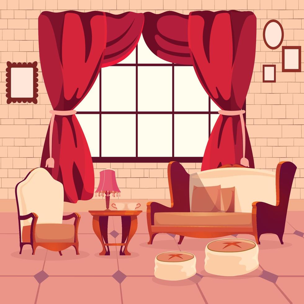 une dessin animé dessin de une vivant pièce avec une rouge rideau et une fenêtre avec une image de une canapé et une lampe. vecteur