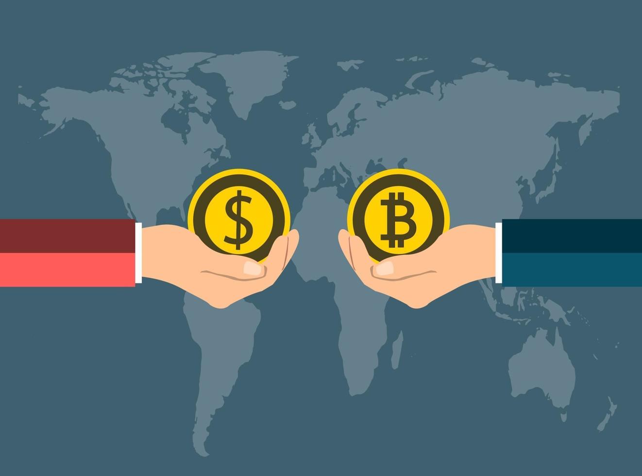 concept de pièce d & # 39; affaires. échange de pièces de monnaie dollar en bitcoin à la main sur fond de carte world.vector illustrator vecteur