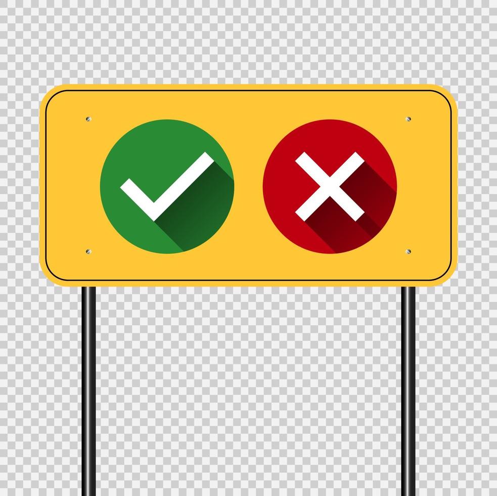 symbole oui ou non icône, vert, rouge sur fond jaune panneau pôle illustration vectorielle vecteur