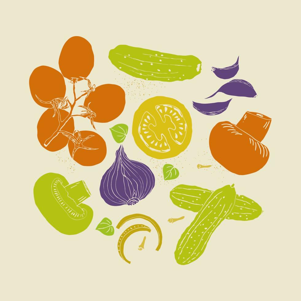 des légumes illustration composition main tiré rétro couleurs style vecteur