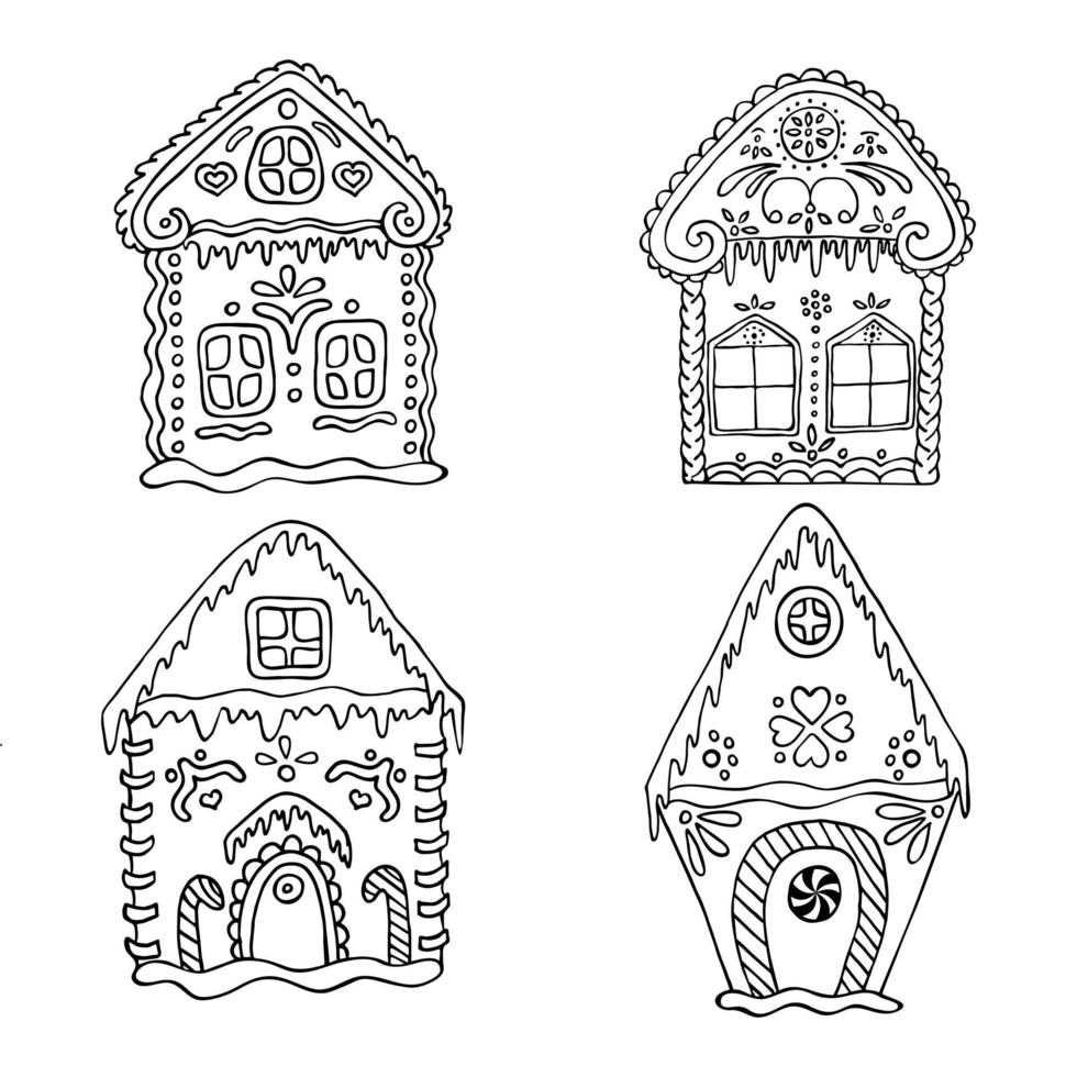 croquis de maison en pain d'épice. ensemble de maisons en pain d'épice dessinés à la main de vecteur. couleurs noir et blanc. vecteur