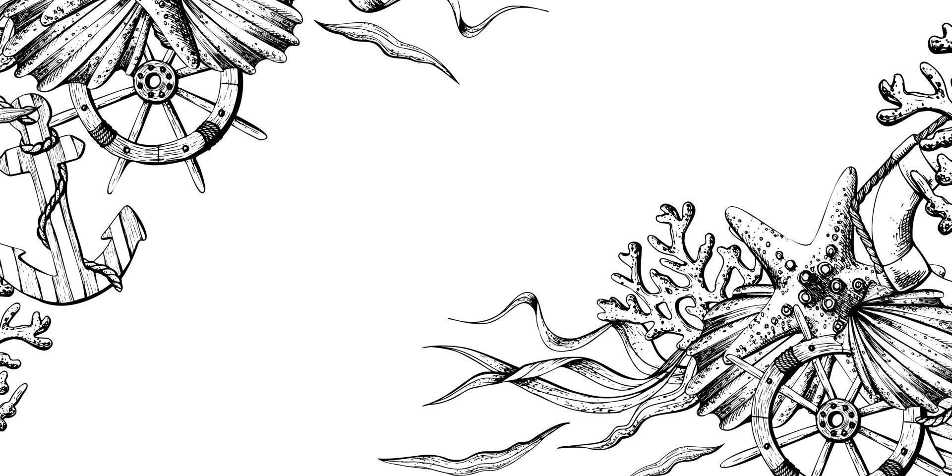 Marin animaux avec ancre, gouvernail et bouée de sauvetage. illustration de main tiré graphique, vecteur dans eps format. modèle, Cadre sur blanc Contexte.