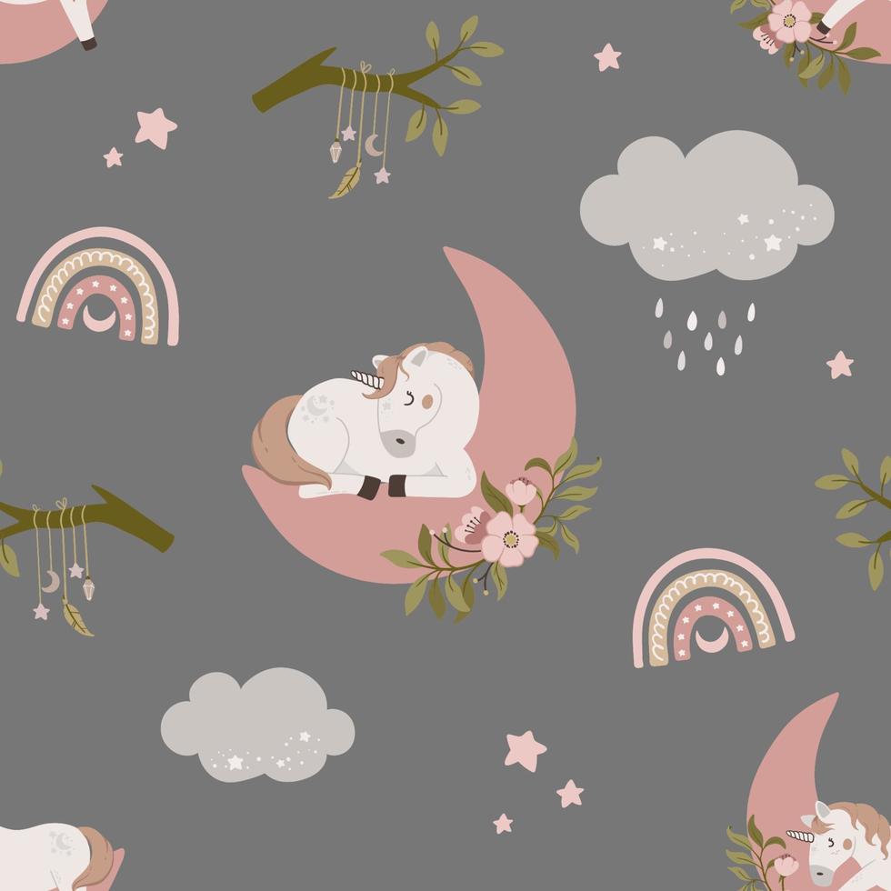 sans couture modèle avec mignonne Licorne en train de dormir sur lune avec floral éléments. main tiré la magie klaxon avec arc en ciel et des nuages. plat céleste vecteur illustration.